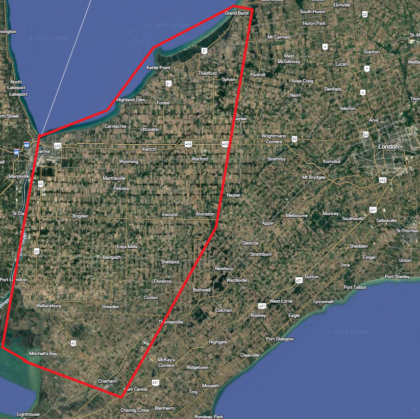 J.B Removal & Property Services coverage area map showing Sarnia-Lambton County